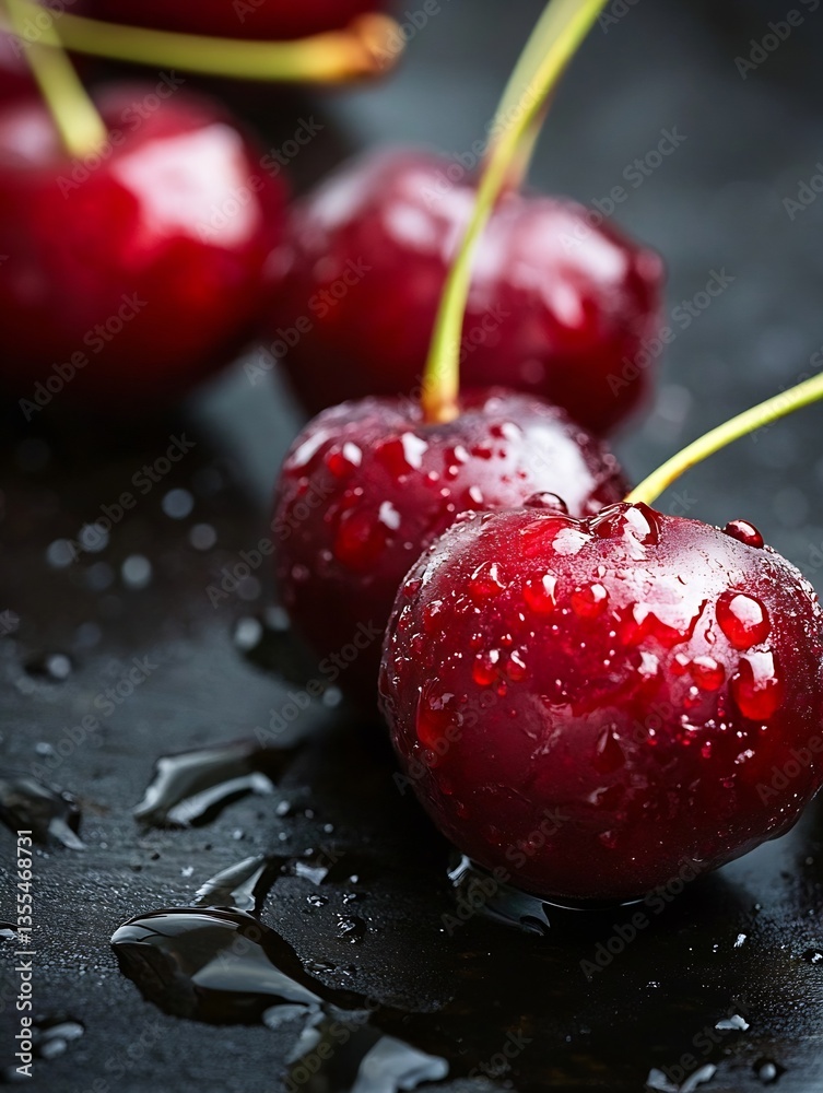Poster juicy red cherries with water droplets on a dark surface creating a refreshing summer vibe : generat