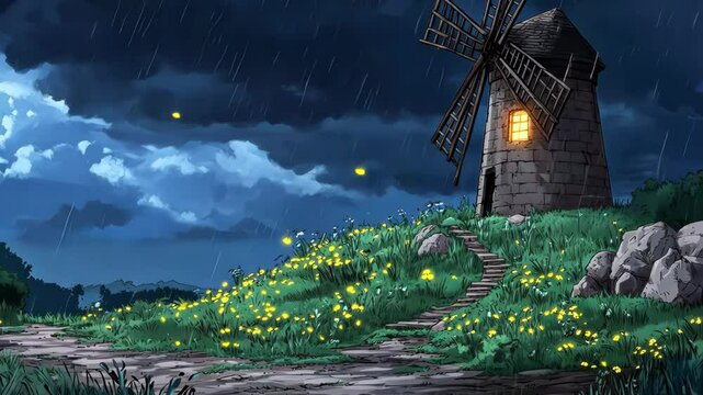 A serene landscape featuring a windmill under a stormy sky with glowing fireflies at dusk