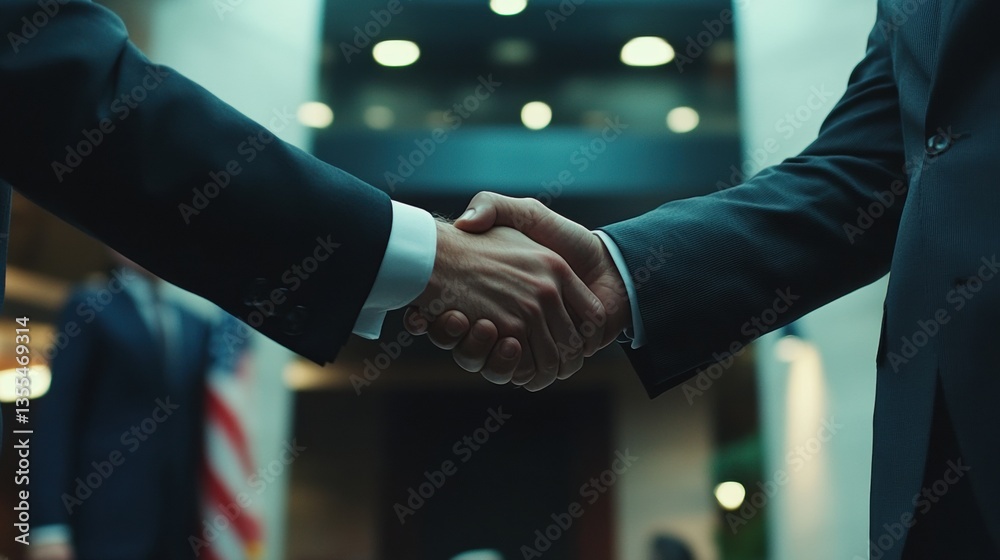Poster two business professionals engage in a handshake in a modern political setting with soft natural lig
