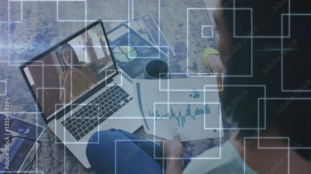 Poster Analyzing charts on video call, person using animation for digital data