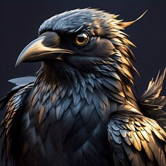 Majestic Black Raven Close-Up – Stunning Digital Art with Golden Highlights