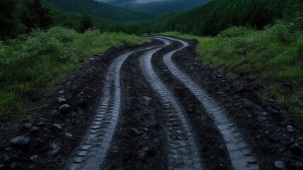 Obraz premium Winding dirt road through a lush mountain landscape. The path is deeply rutted, suggesting recent heavy use, and is flanked by greenery. Misty mountain peaks are visible in the distance
