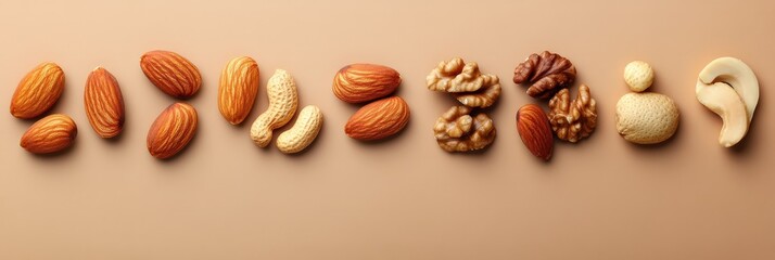 Assorted nuts almonds, peanuts, walnuts, macadamia, cashew arranged on brown surface in a studio setting