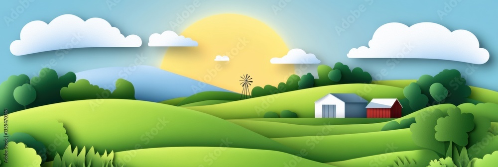 Poster charming rural landscape in paper cut style featuring rolling green fields, farm structures, and flu