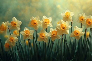 Obraz premium Vibrant Yellow and White Daffodils Blooming Against a Soft Green Background