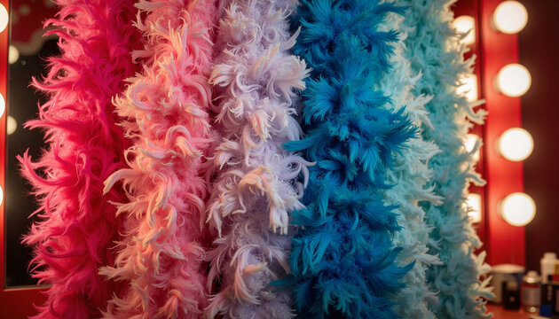 Colorful feather boas in theatrical dressing room, opulent glamour