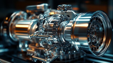 Fototapeta premium Close-up of a powerful, gleaming metallic engine's intricate internal components and gears.