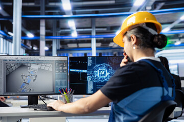 Photovoltaic facility system administrator developing AI tool in factory to predict equipment...