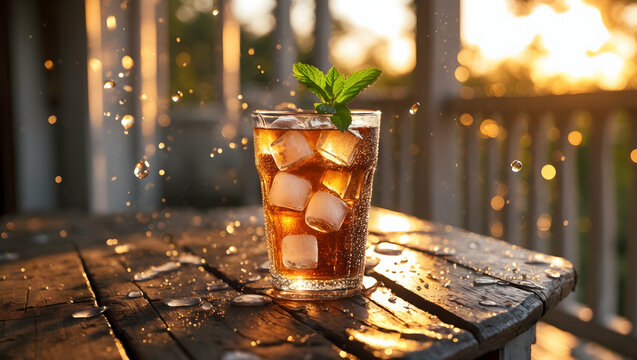 ool iced tea with mint leaves, glowing in the warm light of a summer sunset on a rustic wooden table