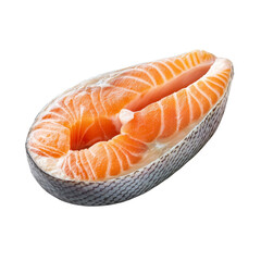 A close up of a salmon steak with visible muscle fibers and skin isolated on a black background