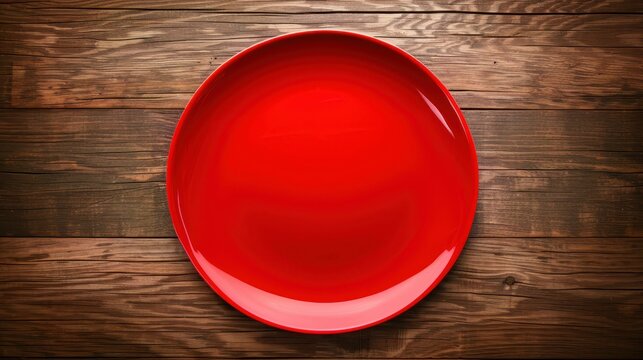 A vibrant red plate rests on a rustic wooden table, highlighting its emptiness and the charm of natural materials.