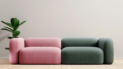 Minimalist Scandinavian-inspired living room with light wood flooring, abstract line-art decor, and comfortable modern furniture in soft pastel tones.