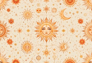 seamless boho celestial pattern with watercolor-painted sun and moon symbols, delicate stars, and cosmic swirls in earthy beige, terracotta, and gold tones. 
