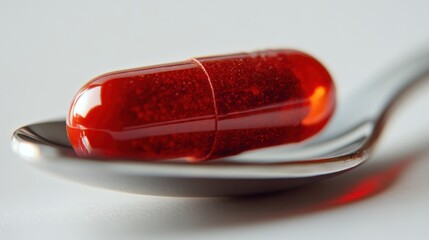 Close-up red pill on spoon vitamin B12