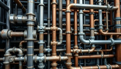 Intricate Network of Metal Pipes and Fittings in Industrial Setting