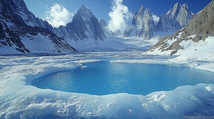 Frozen lake surrounded by snow-capped mountains under a partly cloudy sky.