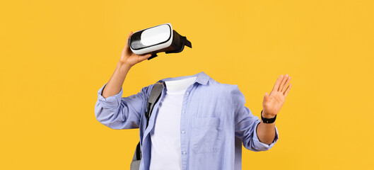 A user enjoys virtual reality through goggles, fully engaged in an immersive experience. The bright...