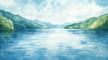 A watercolor painting depicts a tranquil lake with mountain ranges