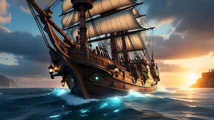 Majestic Golden Age Sailing Ship at Sunset – Epic Nautical Adventure Artwork