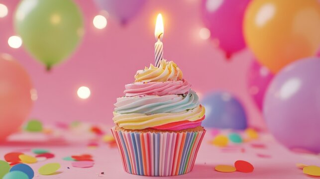 Cupcake colorido con vela en una fiesta