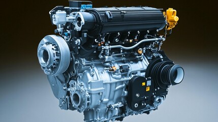 Close-up of a powerful, modern internal combustion engine, showcasing its intricate components and robust design.