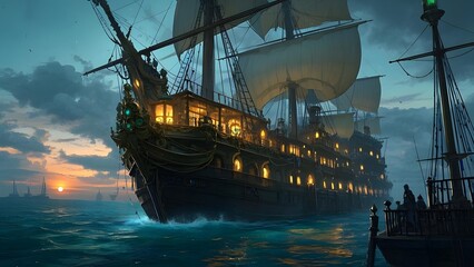 Majestic Pirate Ship at Sunset – Epic Fantasy Seascape Digital Art