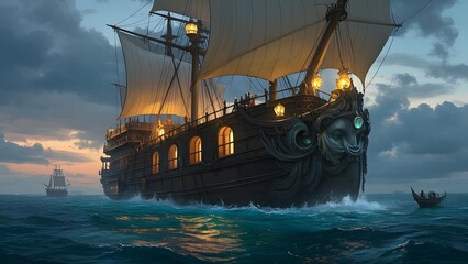 Majestic Pirate Ship Sailing at Sunset – Epic Nautical Adventure on the Open Ocean