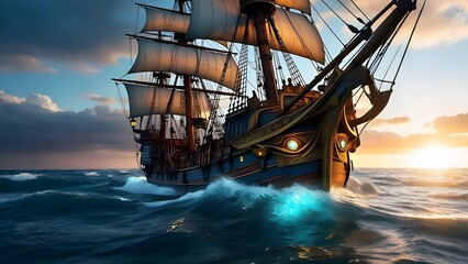 Majestic Sailing Ship at Sunset – Fantasy Maritime Adventure Artwork