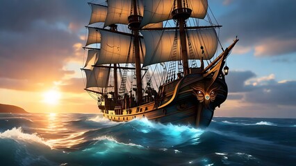 Majestic Sailing Ship at Sunset – Fantasy Maritime Artwork