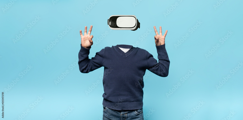 Aufkleber A person is interacting with a virtual reality gadget, wearing headset-style goggles. They are posing with hands raised, creating an intriguing visual of modern technology without a visible head.