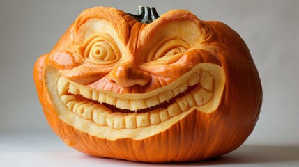Calabaza tallada con cara divertida sobre fondo claro