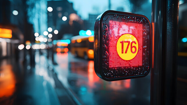 Rainy Night City Bus Stop with Number 176