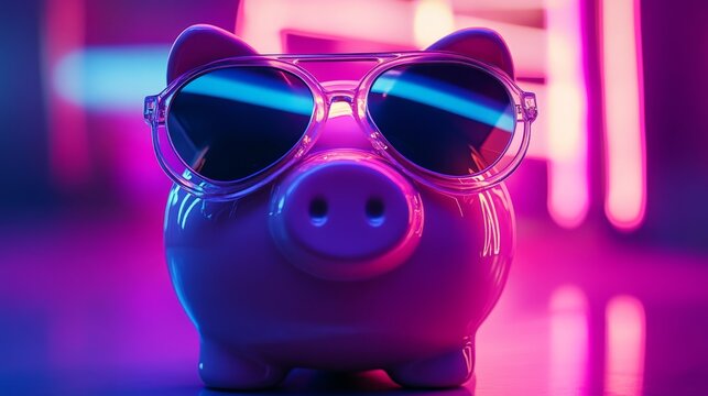 Neon piggy bank close up. Retro 80s style financial background
