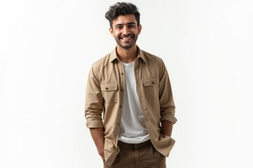 Fototapeta premium Half-Length (Waist-Up) portrait of young stylish smiling Lebanese male model in country wear isolated on pure white background looking at camera