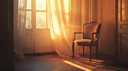 Fototapeta premium A vintage wooden chair sits near a sunlit window in a room
