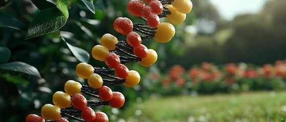 A stylized representation of a dna strand amongst foliage