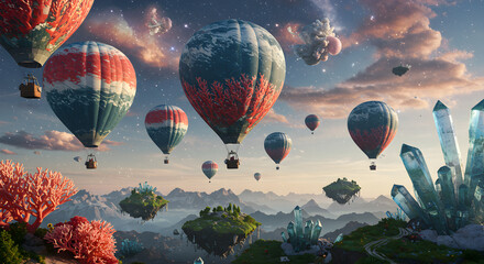 Fototapeta premium Hot Air Balloons Floating Above Surreal Landscape With Crystals and Islands