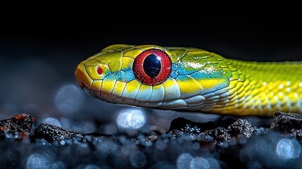 Fototapeta premium Close-up of a vibrant green snake with striking red eyes, resting on dark ground with bokeh effect