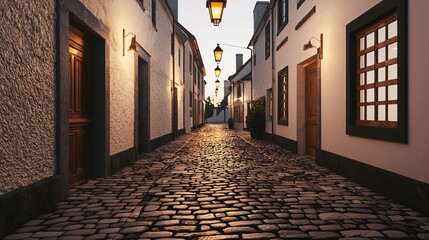 Naklejka premium Exploring a serene cobblestone alley in an ancient european town at dusk