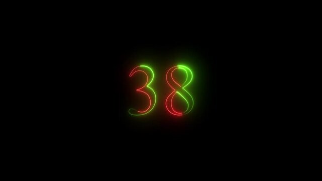 glowing black background animation. neon text 38 number countdown icon 4k video concept.