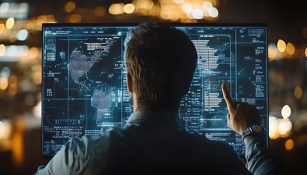 Man working on computer system with data visualization displayed