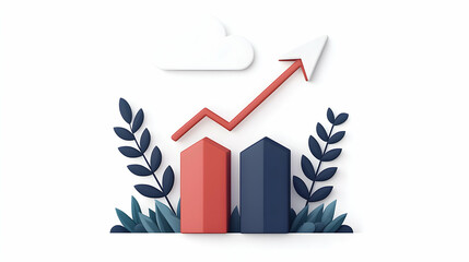 Red and Blue 3D Growth Chart with Leaves and Cloud