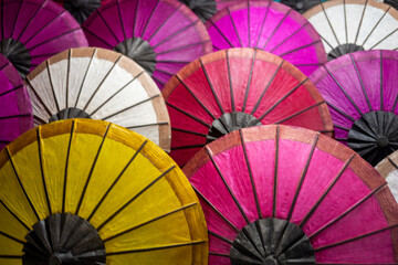 Colorful Traditional Handmade Paper Parasols Displayed at Luang Prabang Night Market, Laos &ndash; Southeast Asian Craftsmanship and Culture