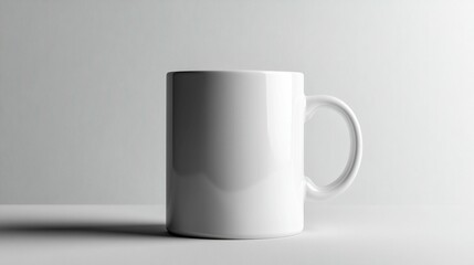 A plain white coffee mug on a light gray surface.