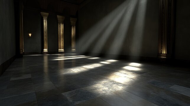 Sunlight streams into a dark temple-like hall