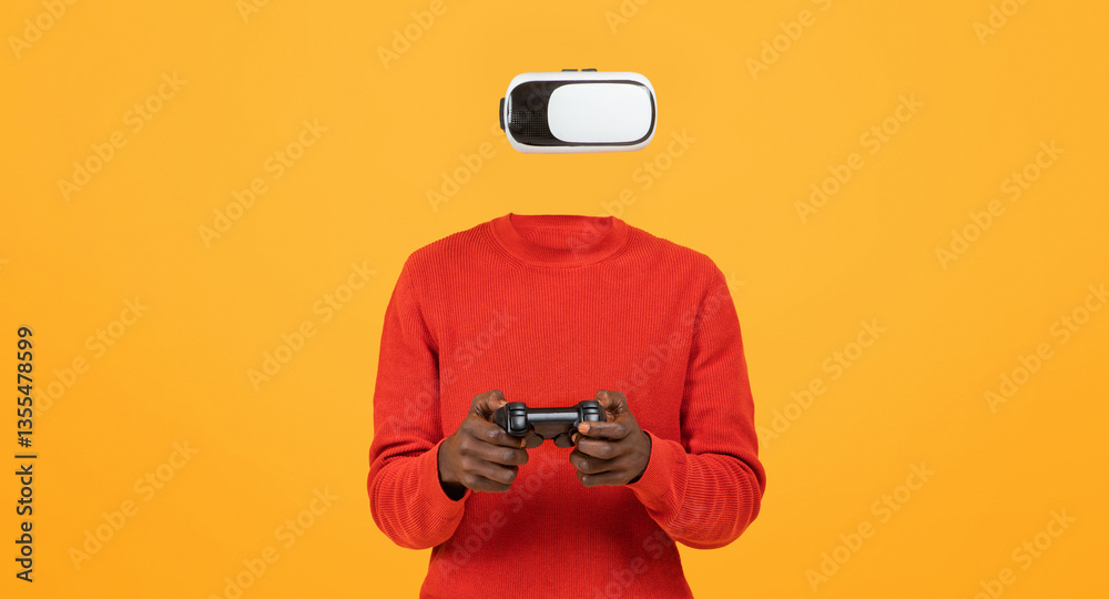 Poster a user dons virtual reality goggles, fully immersed in an immersive experience. holding a gaming con