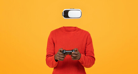 A user dons virtual reality goggles, fully immersed in an immersive experience. Holding a gaming...