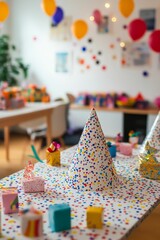 Naklejka premium Colorful party hat sits amidst festive gifts.