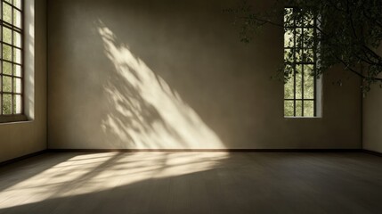 Empty room bathed in sunlight, shadows cast by foliage