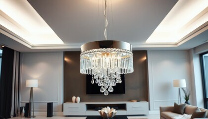 Luxury Living Room Interior with Crystal Chandelier and Modern Design Elements